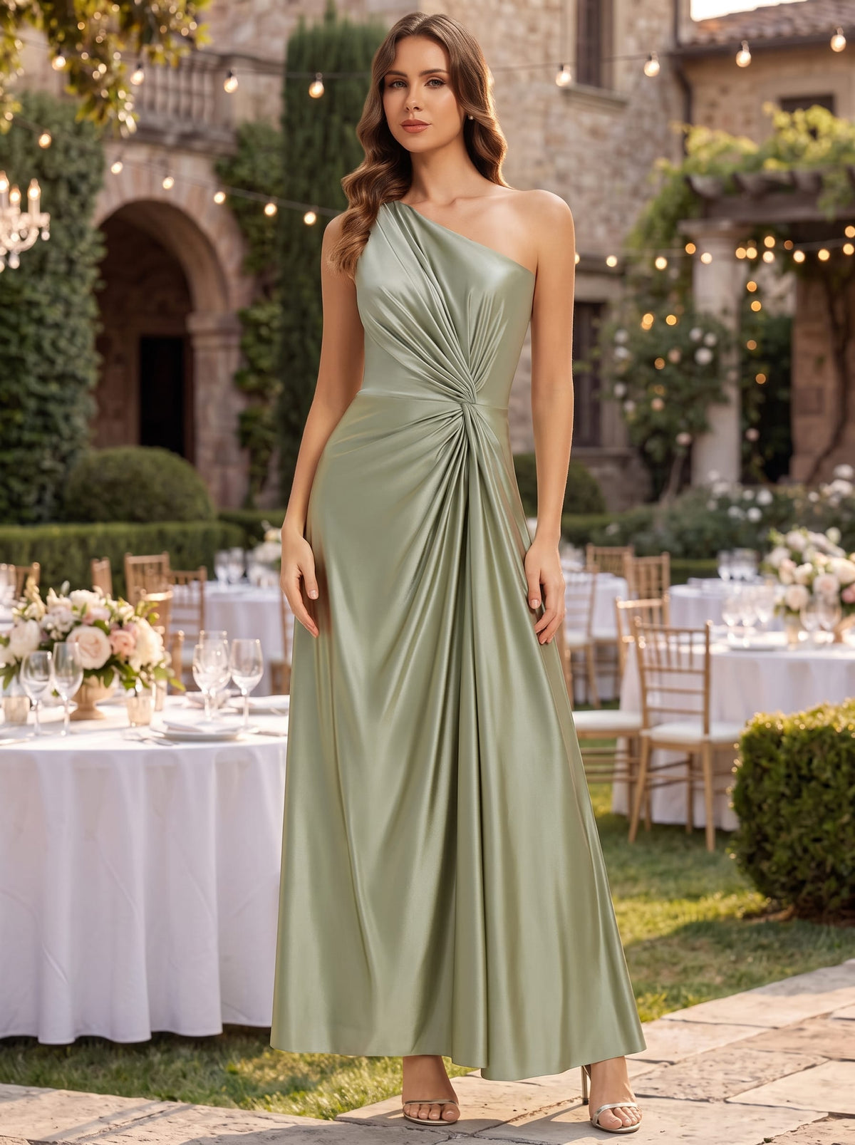 Knotted Satin One-Shoulder Wedding Guest Dress