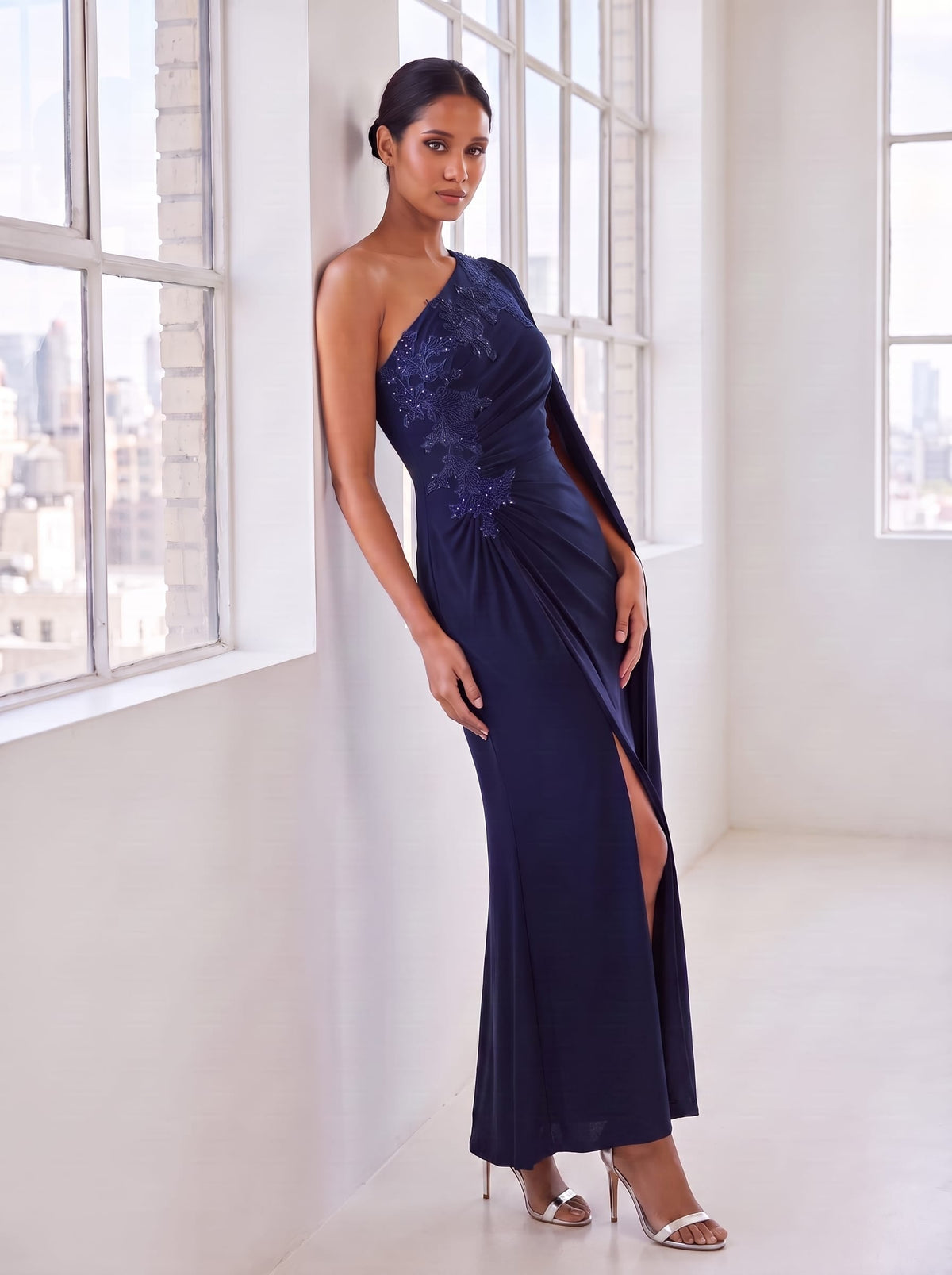 Draped Ruched One Shoulder Jersey Dress