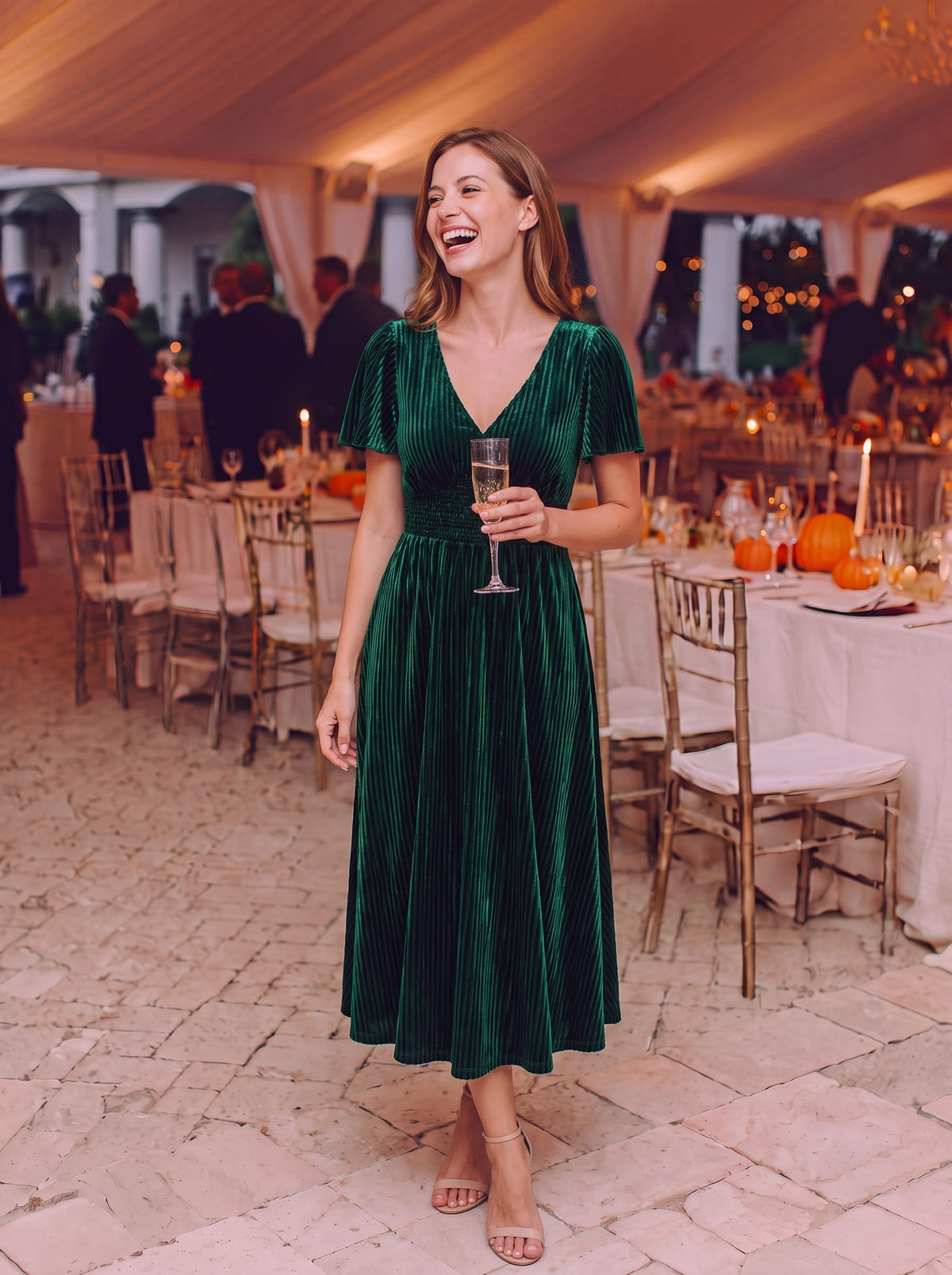 ever AZALEA|Striped Velvet Flutter Sleeves V-Neck Midi Evening Dress