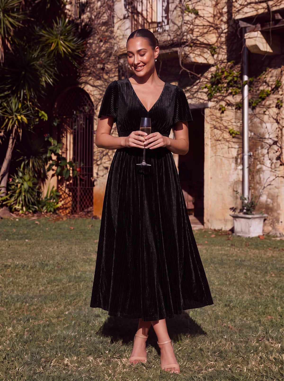 ever AZALEA|Striped Velvet Flutter Sleeves V-Neck Midi Evening Dress