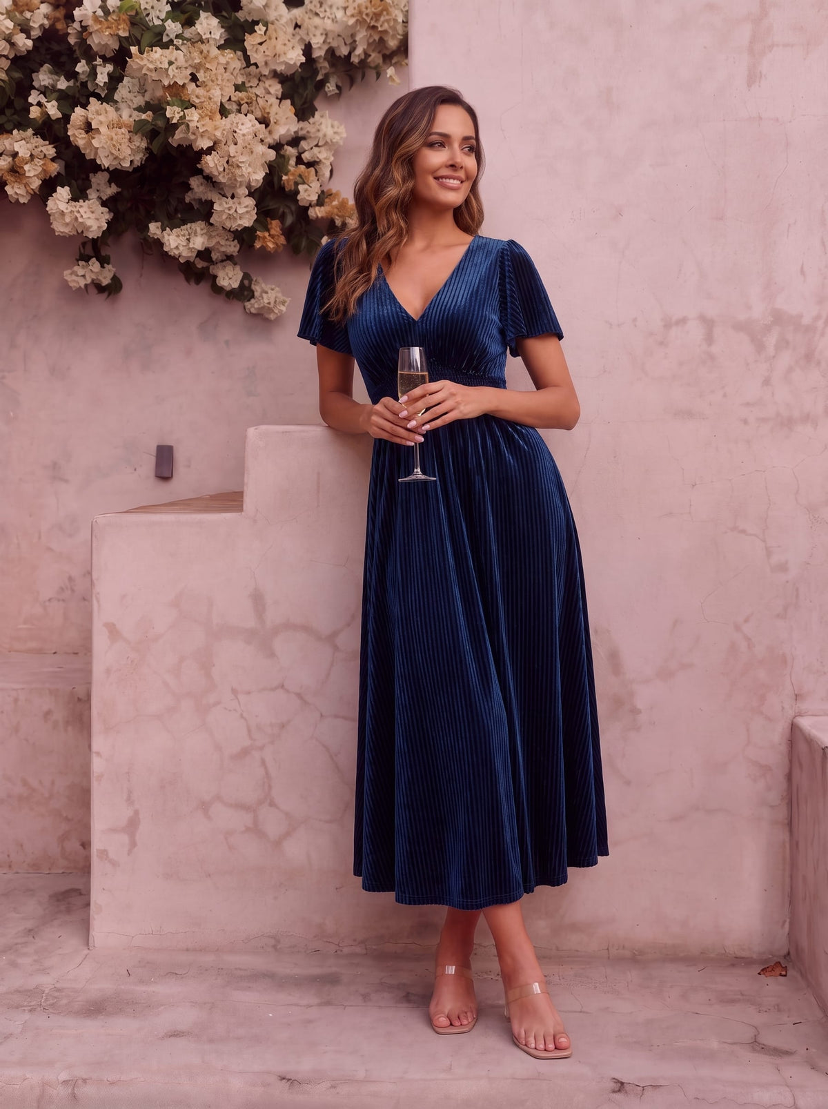 ever AZALEA|Striped Velvet Flutter Sleeves V-Neck Midi Evening Dress