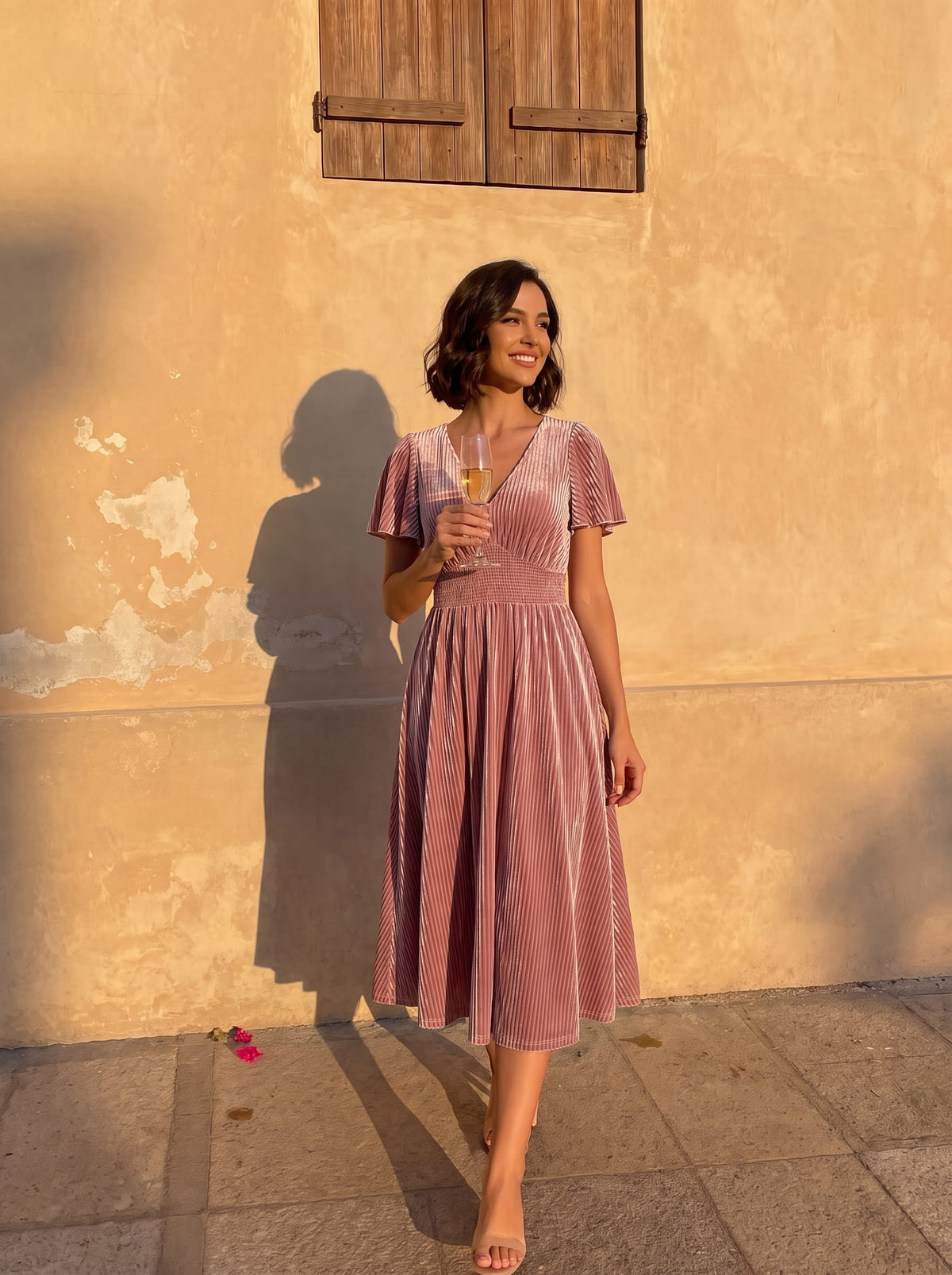 ever AZALEA|Striped Velvet Flutter Sleeves V-Neck Midi Evening Dress