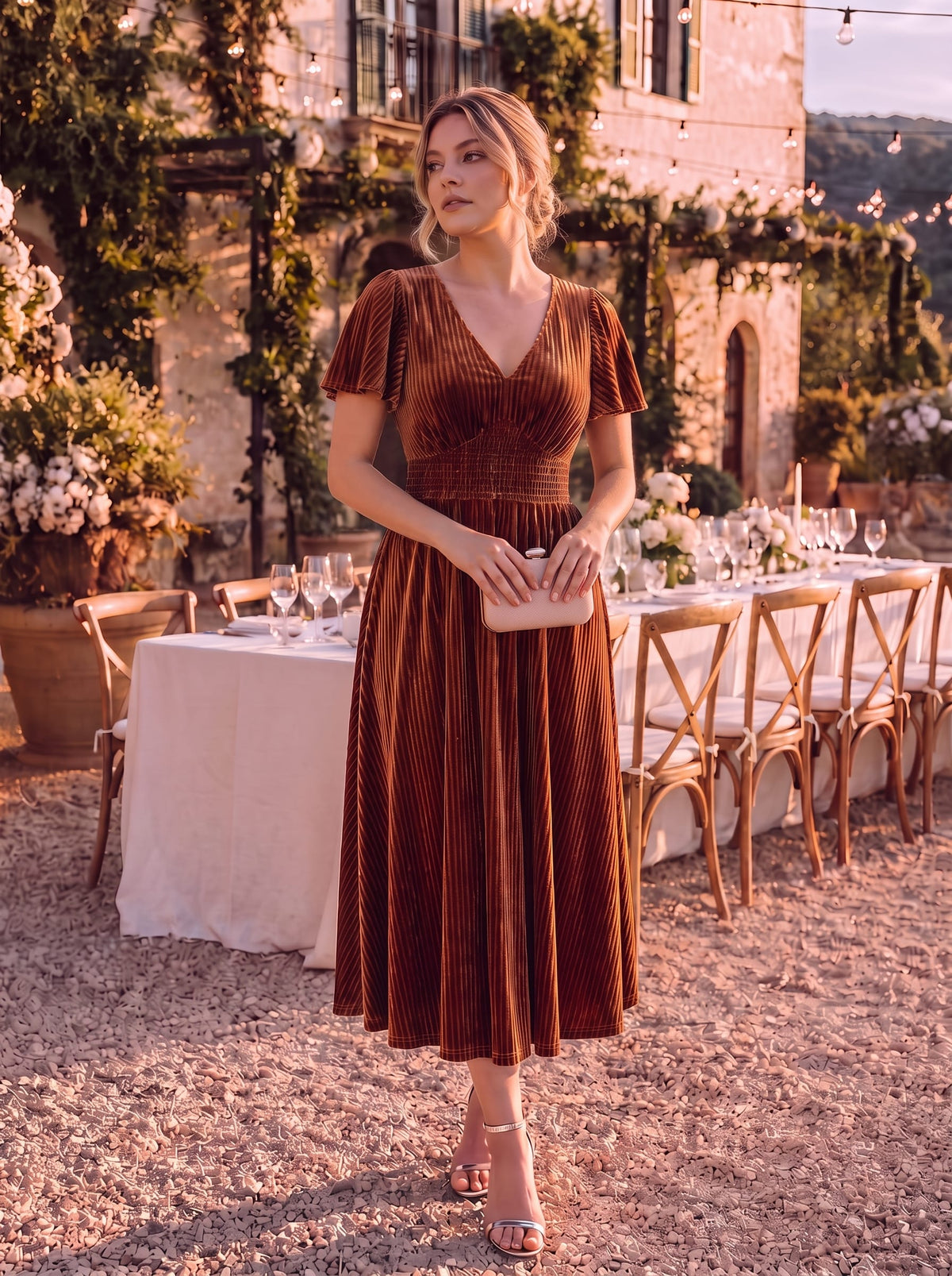 ever AZALEA|Striped Velvet Flutter Sleeves V-Neck Midi Evening Dress