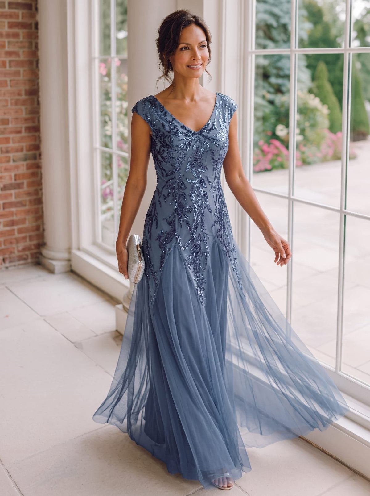 ever FREYA| Floral Sequin A Line Maxi Mother of the Bride Dress with V-Neck