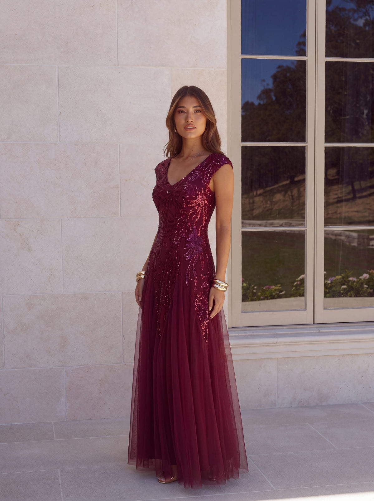 ever FREYA| Floral Sequin A Line Maxi Evening Dress with V-Neck