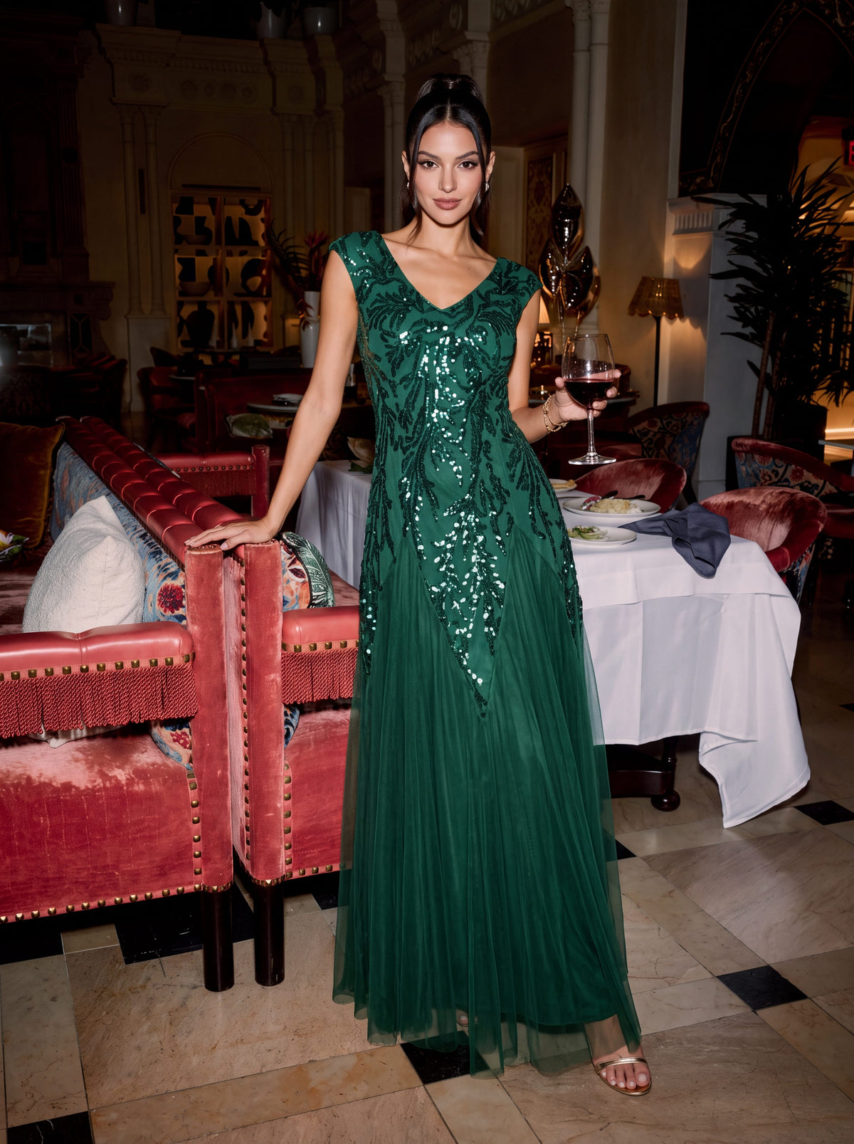 ever FREYA| Floral Sequin A Line Maxi Evening Dress with V-Neck