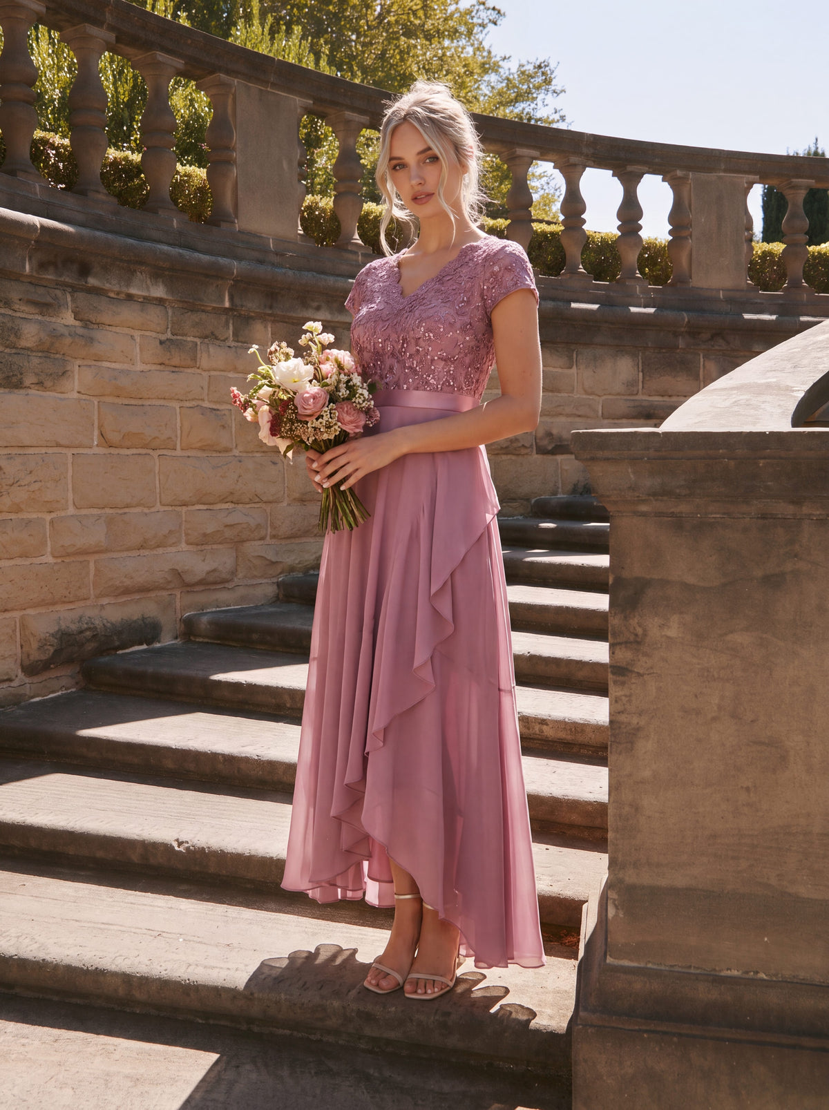 Deep V-Neck Chiffon Cap Sleeve Dress