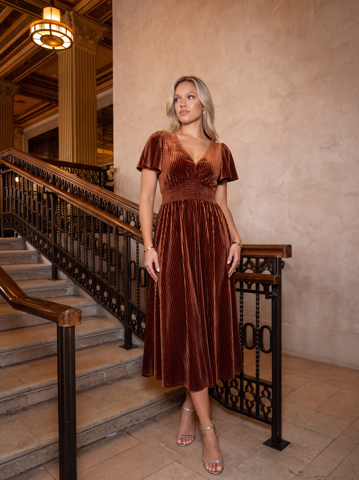 ever AZALEA|Striped Velvet Flutter Sleeves V-Neck Midi Evening Dress