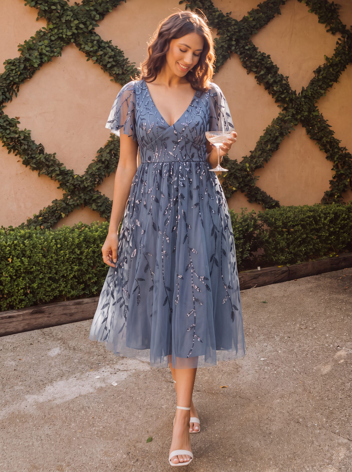 ever SIMONE|Leaf Sequin Short Sleeve Tulle Midi Dress (Final Sale)