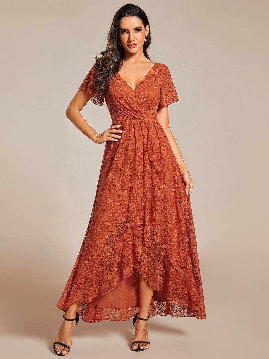 ever ELISE|V-Neck Short Sleeve Pleated Ruffled Lace Wedding Guest Dress