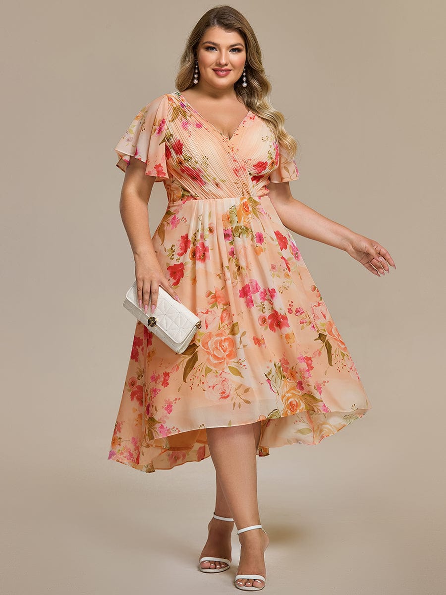 ever FAYE|Chic V Neck High-Low Short Sleeve Wedding Guest Dress