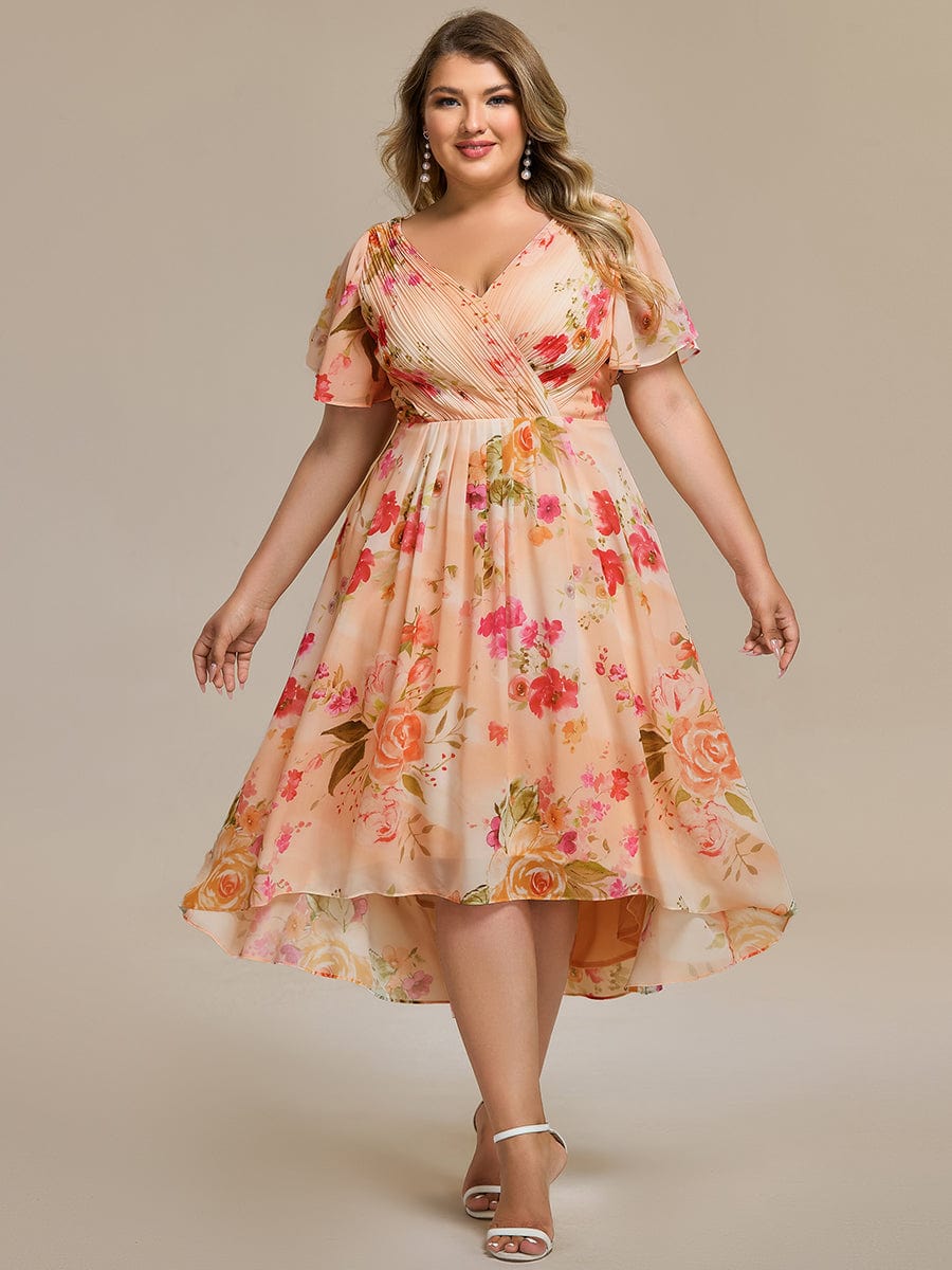 ever FAYE|Chic V Neck High-Low Short Sleeve Wedding Guest Dress