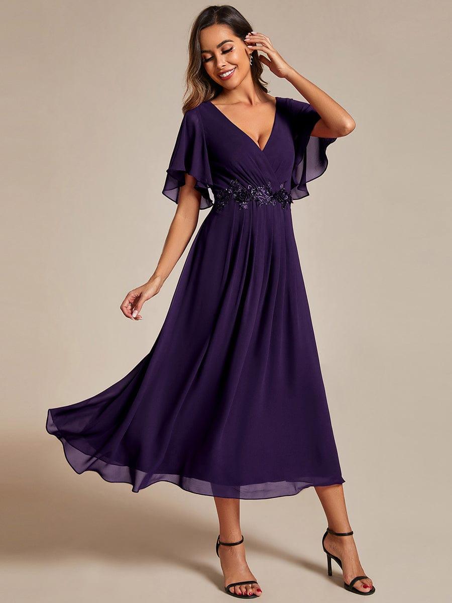 ever DAHLIA|V-Neck Chiffon Midi Evening Dress with Waist Applique (Final Sale)