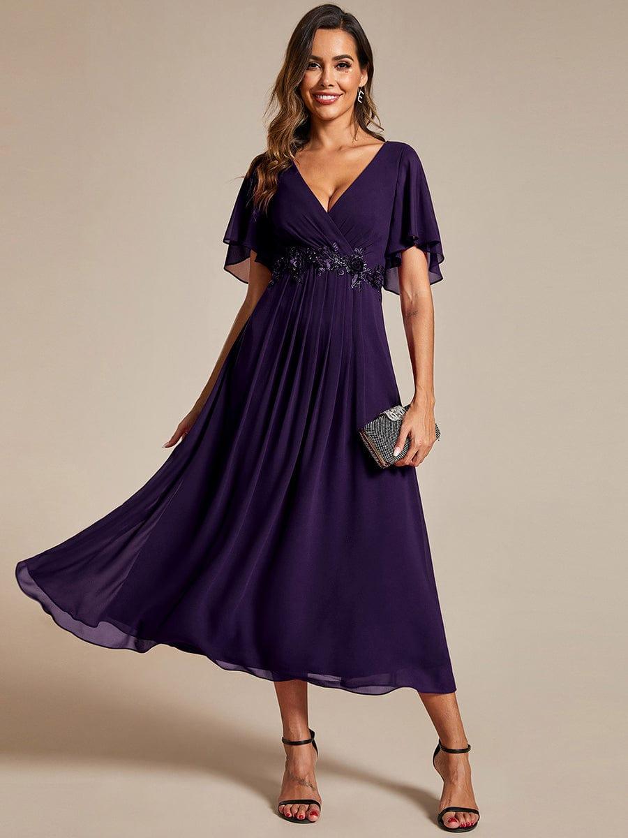 ever DAHLIA|V-Neck Chiffon Midi Evening Dress with Waist Applique (Final Sale)
