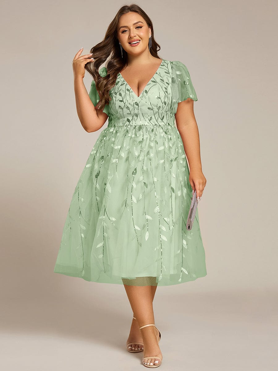 pretty SIMONE|Plus Size Leaf Sequin Tulle Midi Wedding Guest Dress (Final Sale)