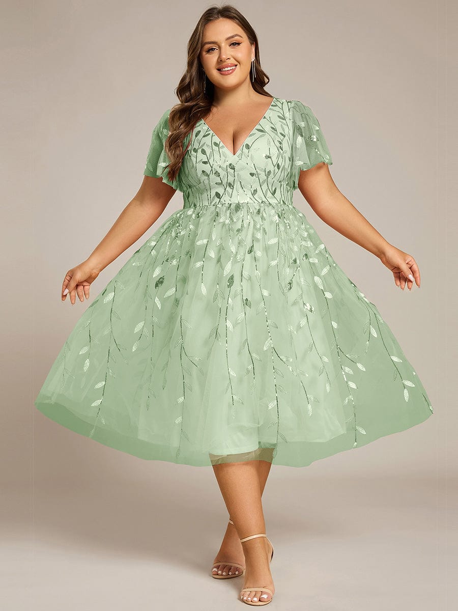 pretty SIMONE|Plus Size Leaf Sequin Tulle Midi Wedding Guest Dress (Final Sale)