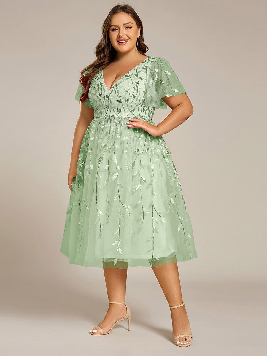 pretty SIMONE|Plus Size Leaf Sequin Tulle Midi Wedding Guest Dress (Final Sale)