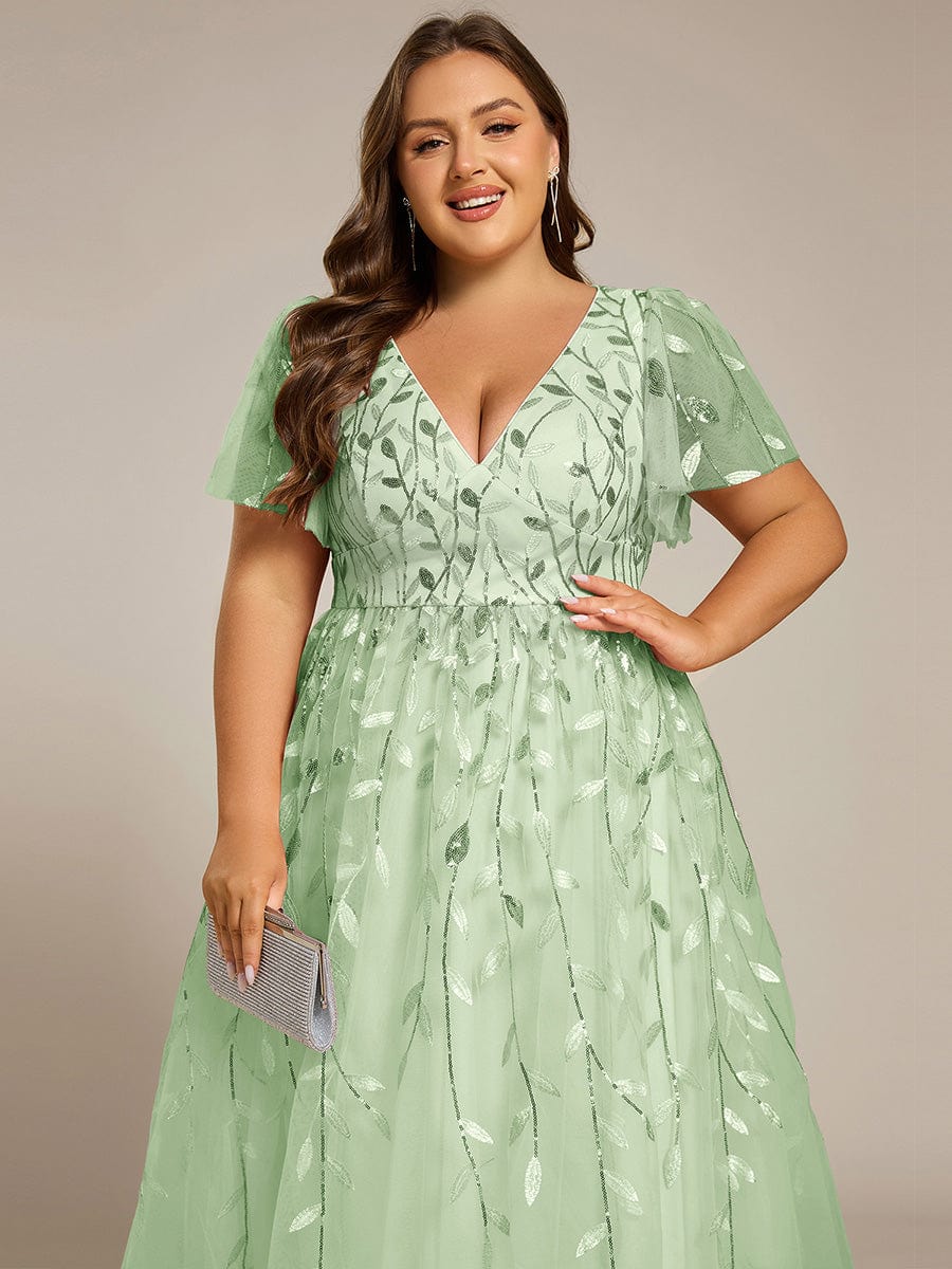 pretty SIMONE|Plus Size Leaf Sequin Tulle Midi Wedding Guest Dress (Final Sale)
