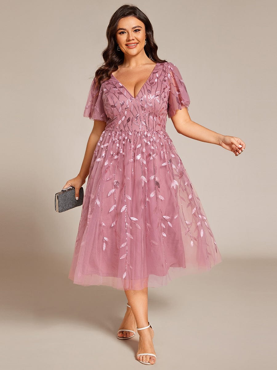 ever SIMONE|Leaf Sequin Short Sleeve Tulle Midi Dress (Final Sale)