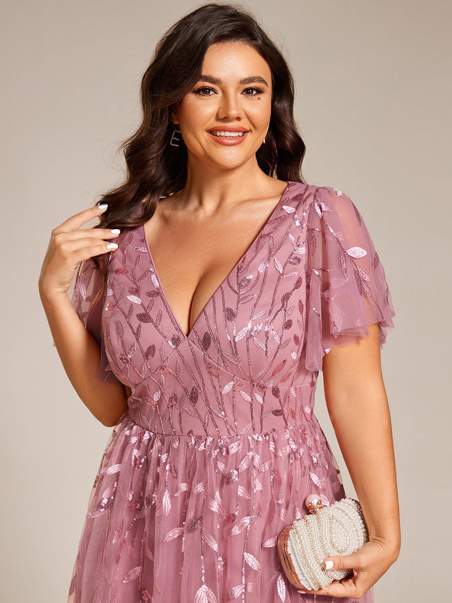 pretty SIMONE|Plus Size Leaf Sequin Tulle Midi Wedding Guest Dress (Final Sale)