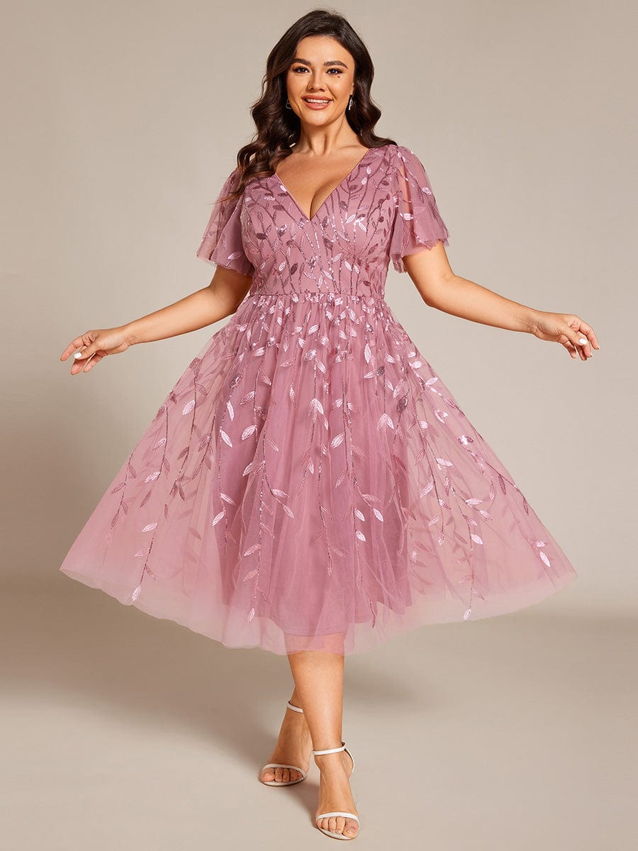 ever SIMONE|Leaf Sequin Short Sleeve Tulle Midi Dress (Final Sale)
