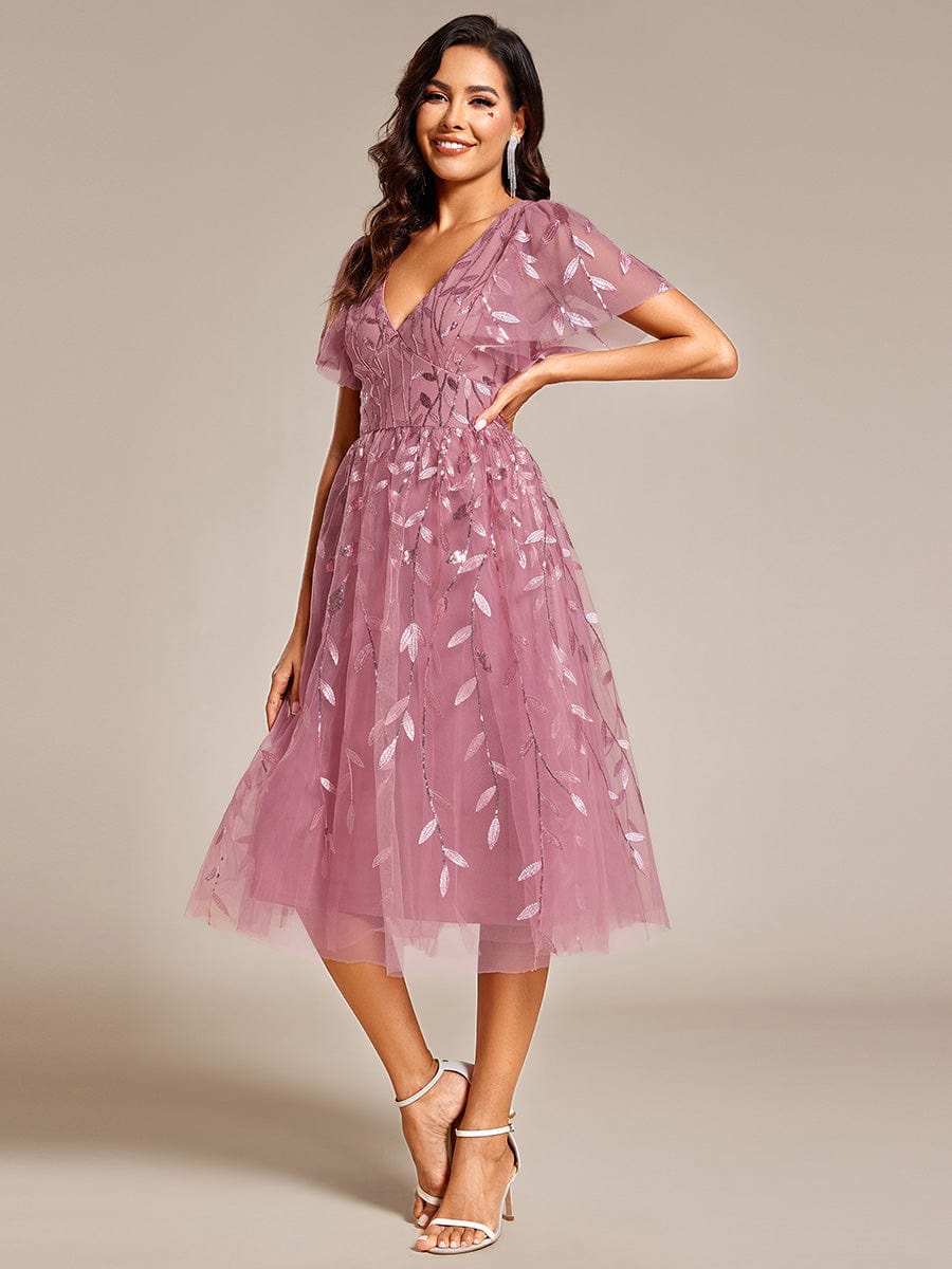 ever SIMONE|Leaf Sequin Short Sleeve Tulle Midi Dress (Final Sale)