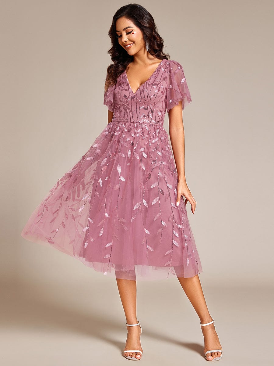 ever SIMONE|Leaf Sequin Short Sleeve Tulle Midi Dress (Final Sale)