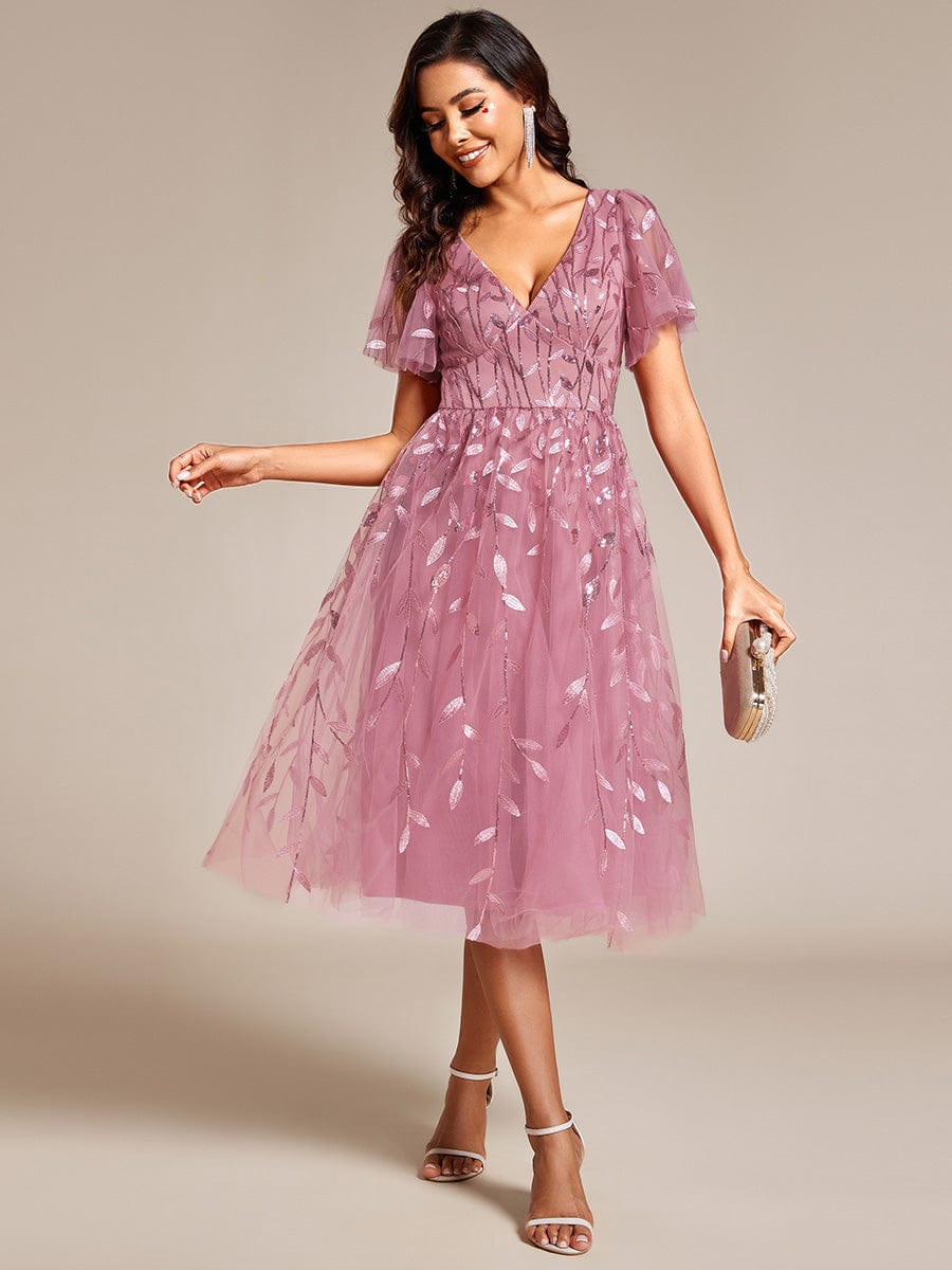 ever SIMONE|Leaf Sequin Short Sleeve Tulle Midi Dress (Final Sale)