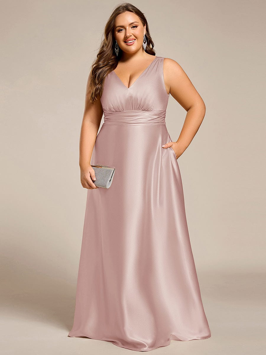 pretty INDY|Plus Size Sleeveless Empire Waist Satin Maxi Bridesmaid Dress With Pockets
