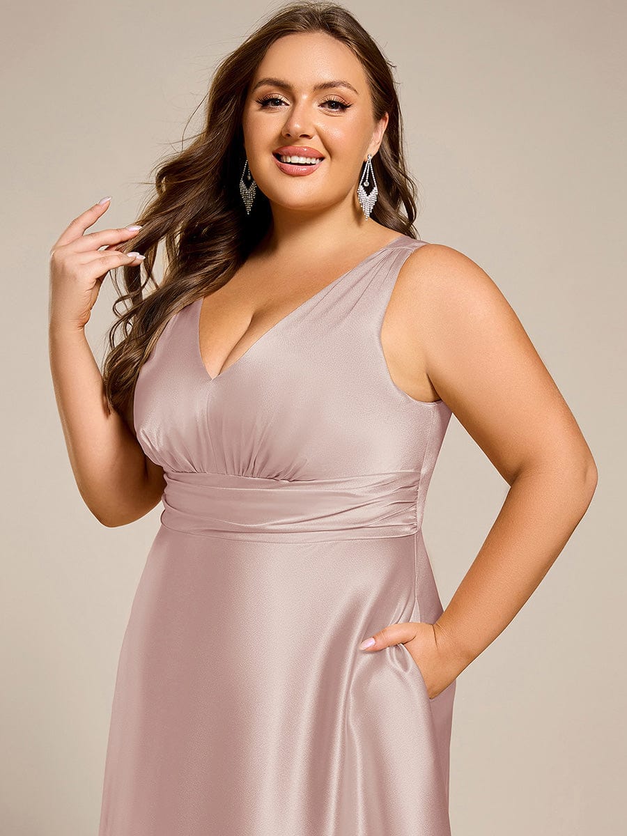 pretty INDY|Plus Size Sleeveless Empire Waist Satin Maxi Bridesmaid Dress With Pockets