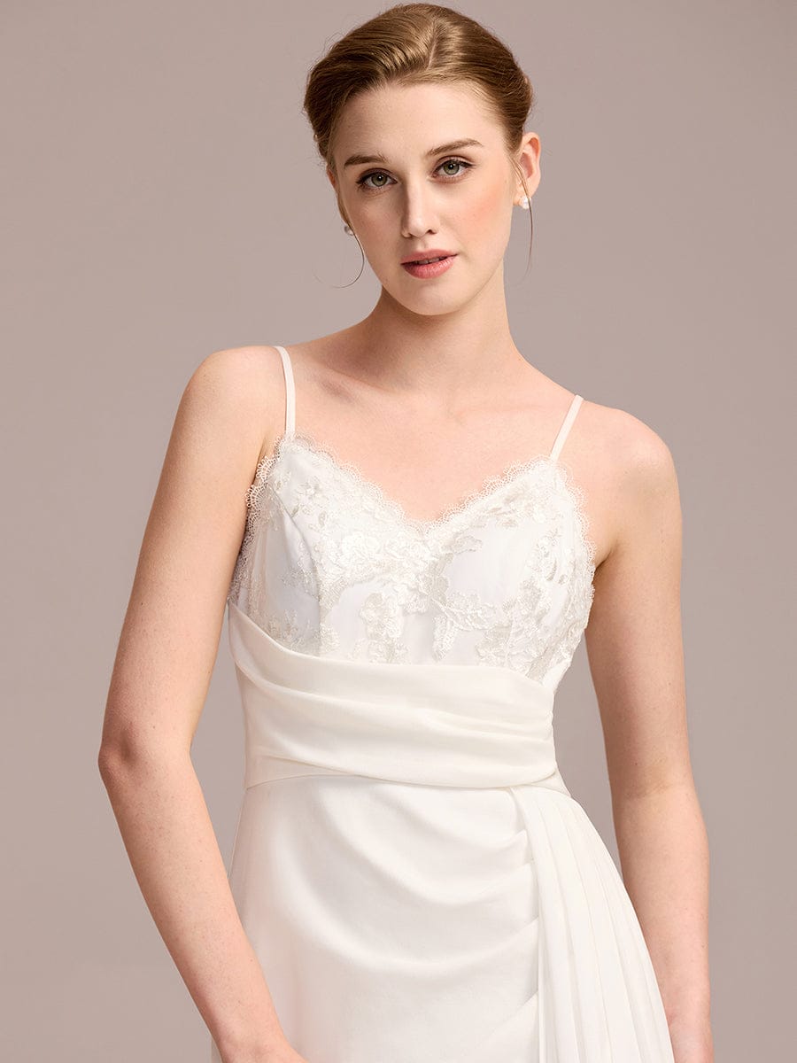 Sleeveless V-Neck Embroidered Wedding Dress with Ribbons